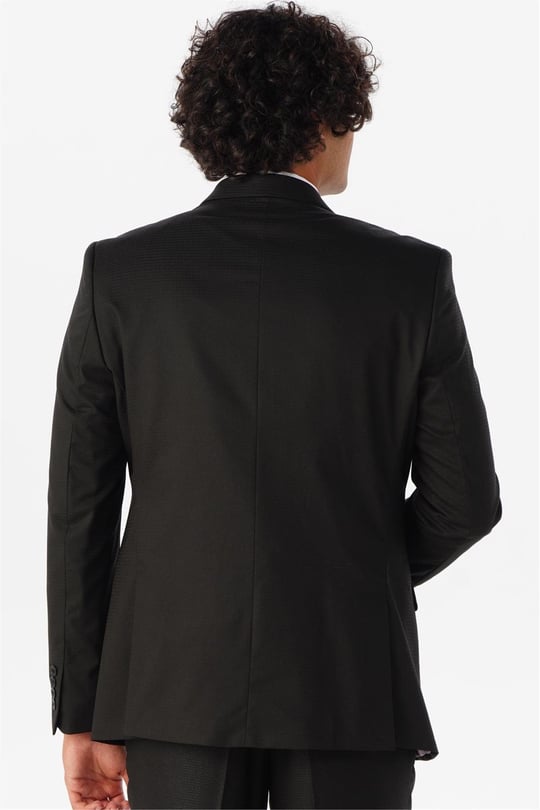 Siyah Slim Fit Armürlü Sivri Yaka 6 Drop Yelekli Klasik Takım Elbise