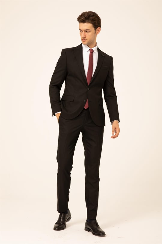 Siyah Slim Fit Düz Sivri Yaka 6 Drop Klasik Takım Elbise