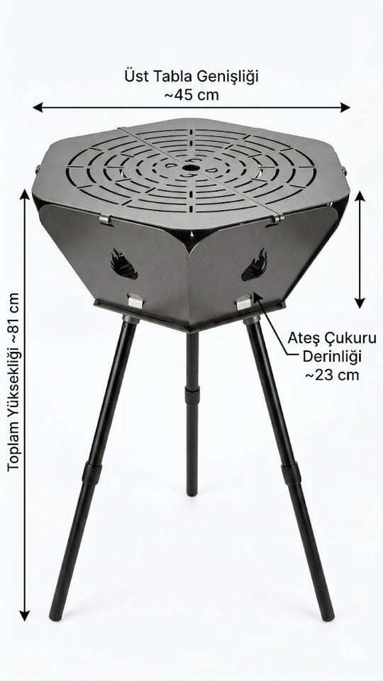 Çadır Dünyası Ayarlanabilir Ayaklı Kamp Ateşi ve Barbekü Seti - 45 cm Genişlik, Teleskopik Yükseklik Ayarlı Ateş Çukuru