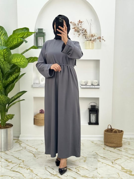 8765 Sukuba Krep kumaş bol kol düz elbise seyyar kemerli elbise renk gri
