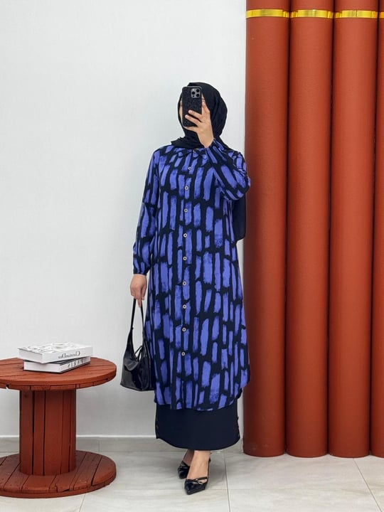 2354 Viskon boydan dügmeli tunik mavi