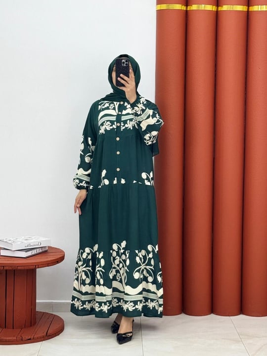 9397 Alaçatı yarım dügmeli elbise yeşil beyaz