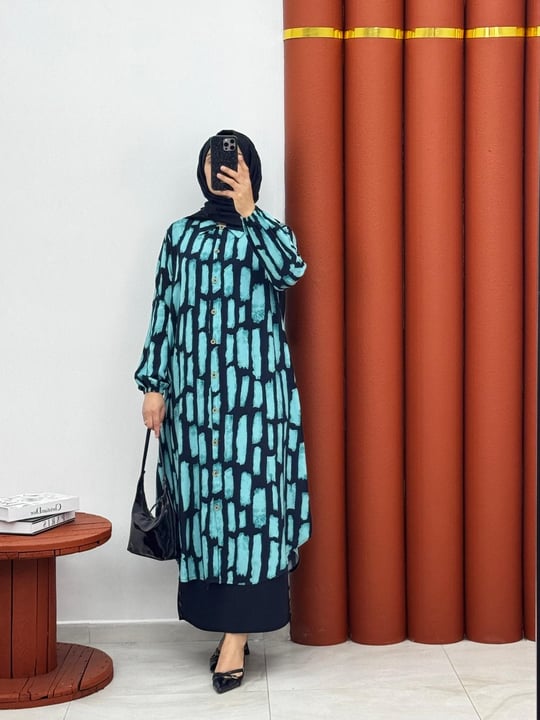 2354 Viskon boydan dügmeli tunik yeşil