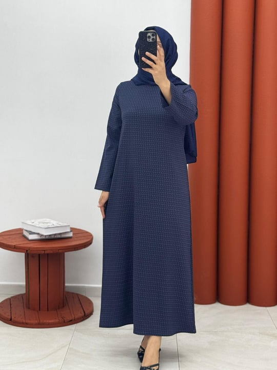 3478 ekose seyyar kemerli elbise lacivert