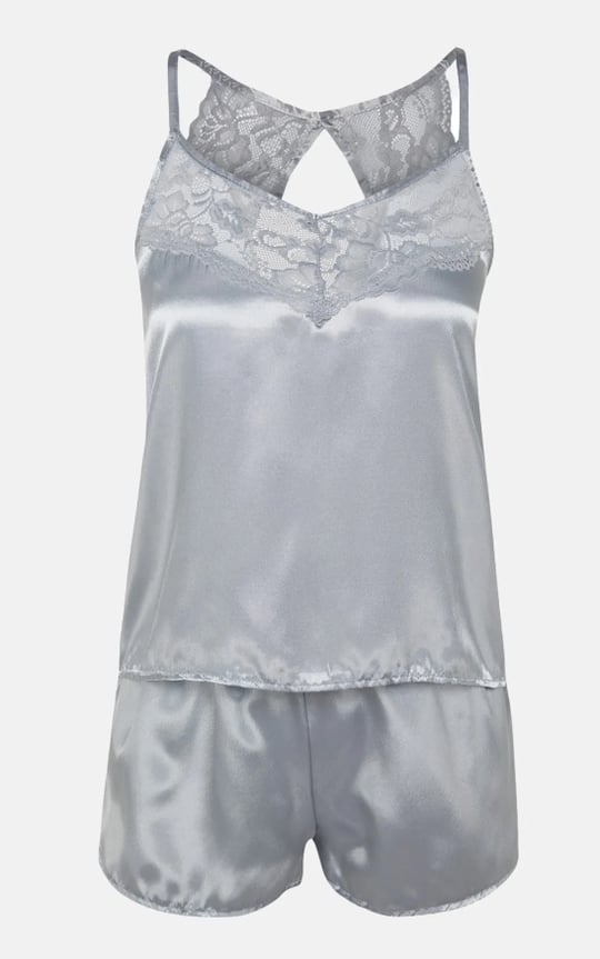 Açık Gri Dantelli Saten Atlet-Şort Dokuma Pijama Takımı 
