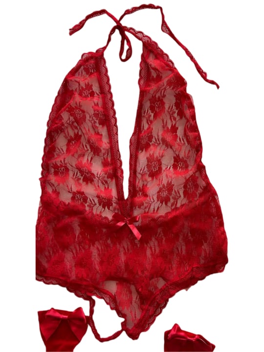 Crimson Allure Kırmızı Sırt Ve Göğüs Dekolteli Dantelli Babydoll