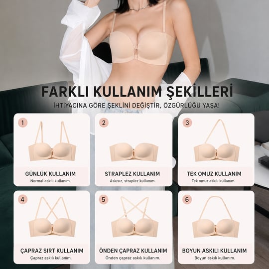 Rüya 2si 1 arada Push Up Destekli Klipsli Lazer Kesim Strapless Sütyen Ten 