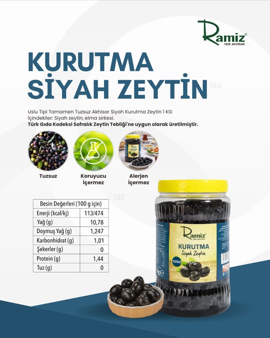 Uslu Tipi Tamamen Tuzsuz Akhisar Siyah Kurutma Zeytin 1 Kg.