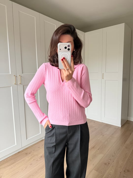  Örgü Model Pembe Renk Polo Yaka Triko