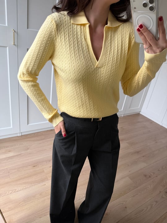  Örgü Model Sarı Renk Polo Yaka Triko