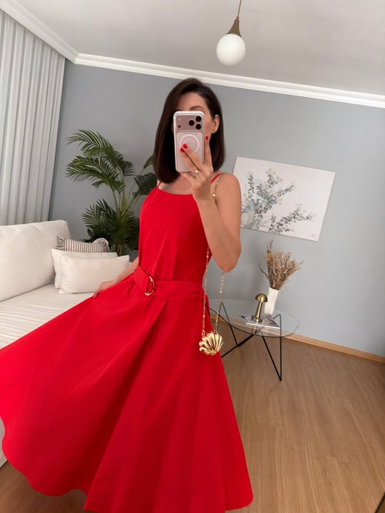 Kemerli Kırmızı Renk Poplin Elbise