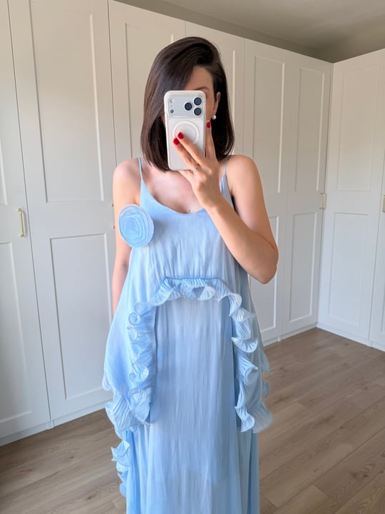 Liva Gül Detaylı Mavi Renk Elbise