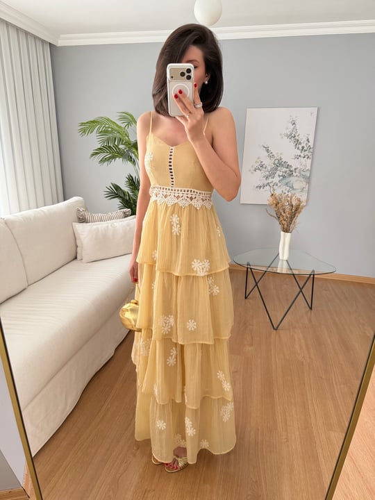 Mireya Sarı Renk Katlı Elbise 