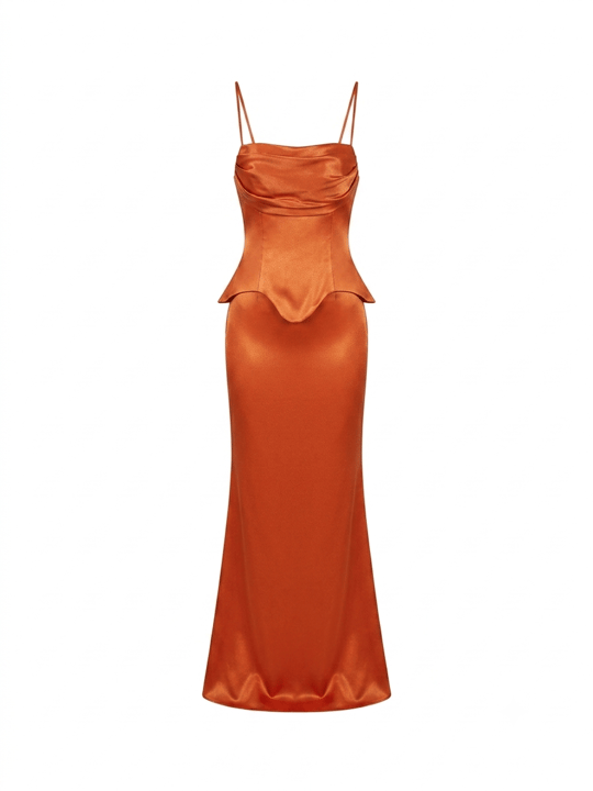 Peplum Işıltılı Bronz Turuncu Uzun Elbise
