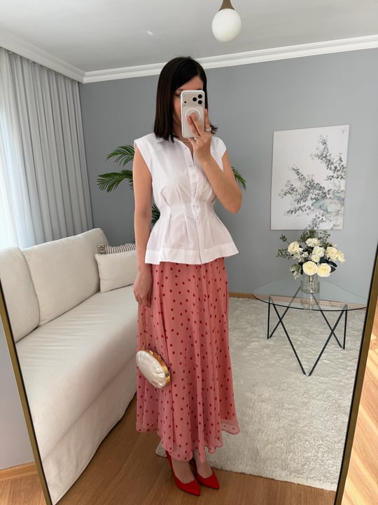 Puantiye Desenli Pembe Etek 