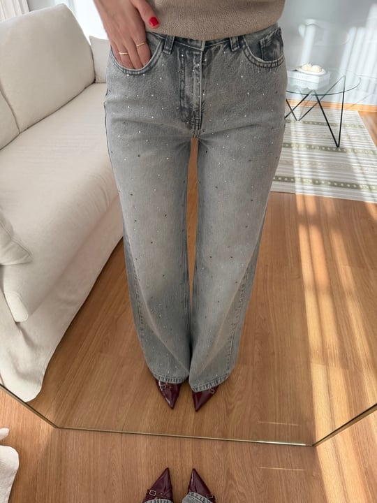 Taş  Detaylı Gri Renk Jean