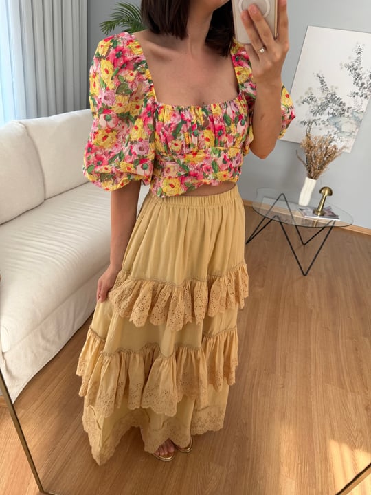 Tuvana Sarı Renk Katlı Etek