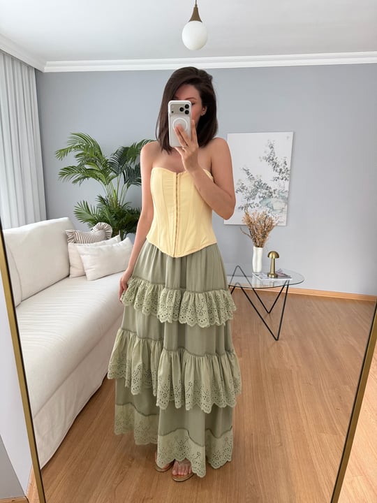 Tuvana Yeşil Renk Katlı Etek