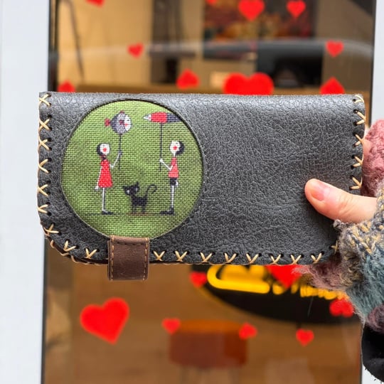 Balon Tutan Kız Figürlü Büyük Cüzdan Etnik Bohem Retro Vintage Style - ANTRASİT