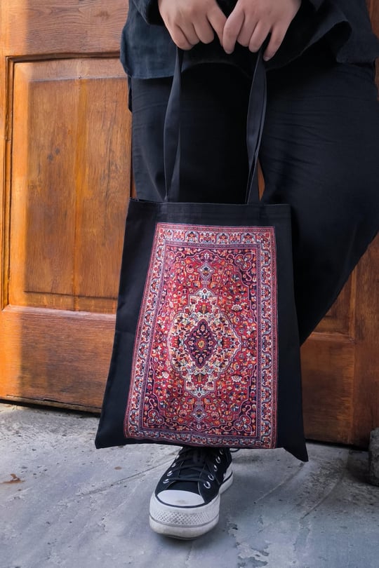 Toptan Etnik Kırmızı Kilim Desen Baskılı 190 gram Ham Bez Çanta (35*40 cm)