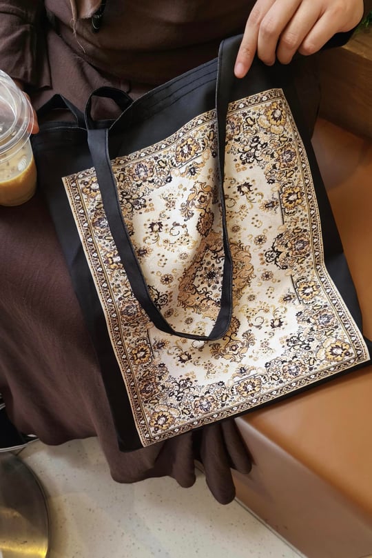 Krem  Etnik Kilim Desen Baskılı 190 gr Bez Çanta (35x40 cm)