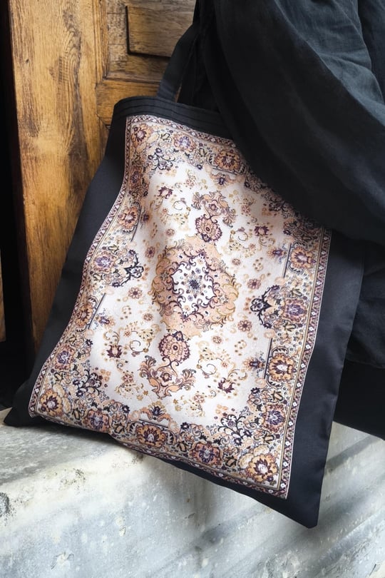 Toptan Siyah Krem Kilim Desen Baskılı 190 gram Ham Bez Çanta (35*40 cm)