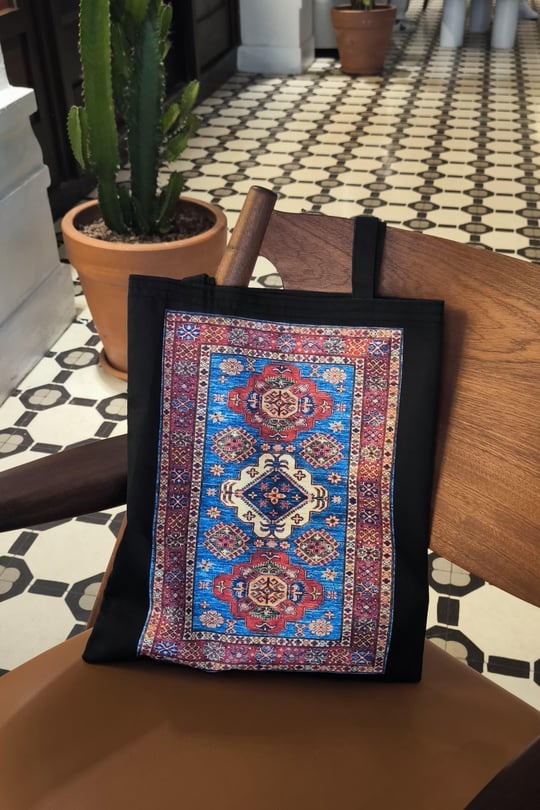 Toptan Mavi Kilim Desen Baskılı 190 gram Ham Bez Çanta (35*40 cm)