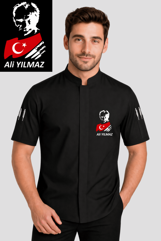 İsim Atatürk Silüeti Türk Bayrağı Bıçak Nakış Hediyeli Aşçı Ceketi Şef Ceketi Aşçı Kıyafetleri 