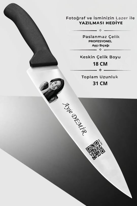 İsimli Resimli Qr Kodlu Profesyonel Şef Bıçağı