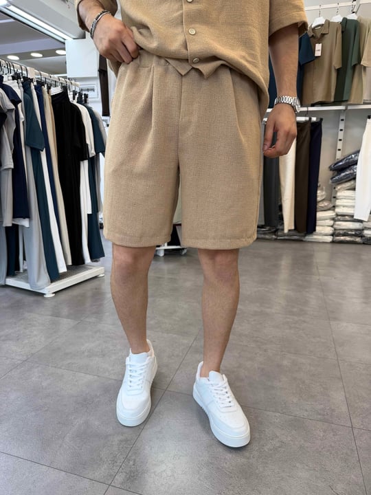 %100 Pamuk Keten Şort Camel