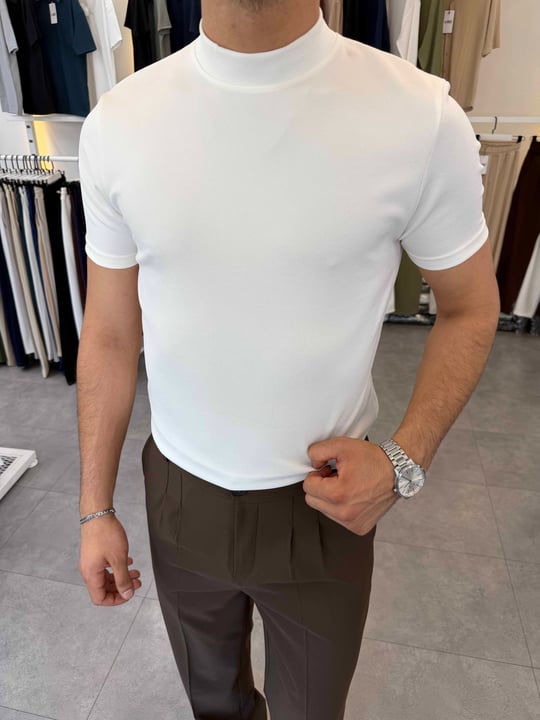 İthal Örme Krep Yarım Balıkçı Kısa Kol Premium Tişört Beyaz