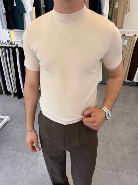 İthal Örme Krep Yarım Balıkçı Kısa Kol Premium Tişört Bej