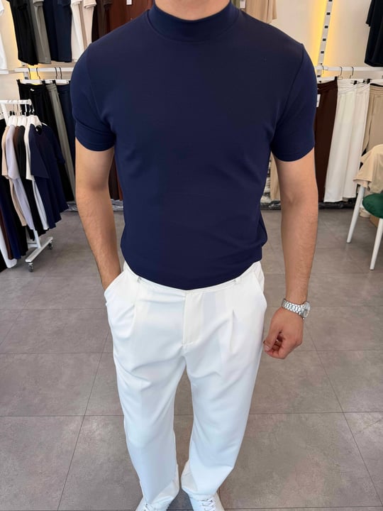 İthal Örme Krep Yarım Balıkçı Kısa Kol Premium Tişört Lacivert
