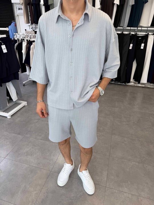 İthal Oversize Crop Kesim Şortlu Takım Gri
