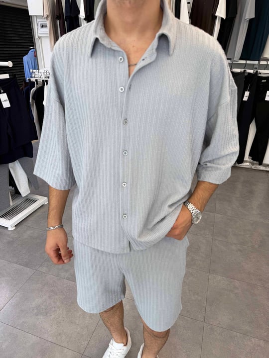 İthal Oversize Crop Kesim Şortlu Takım Gri