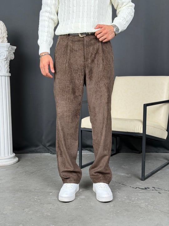 Kışlık Baggy Efektli Kadife Pantolon Acı Kahve