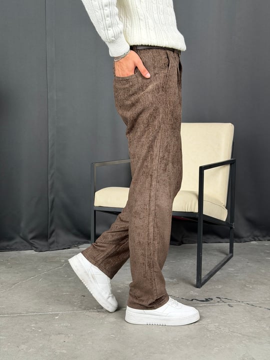 Kışlık Baggy Efektli Kadife Pantolon Acı Kahve