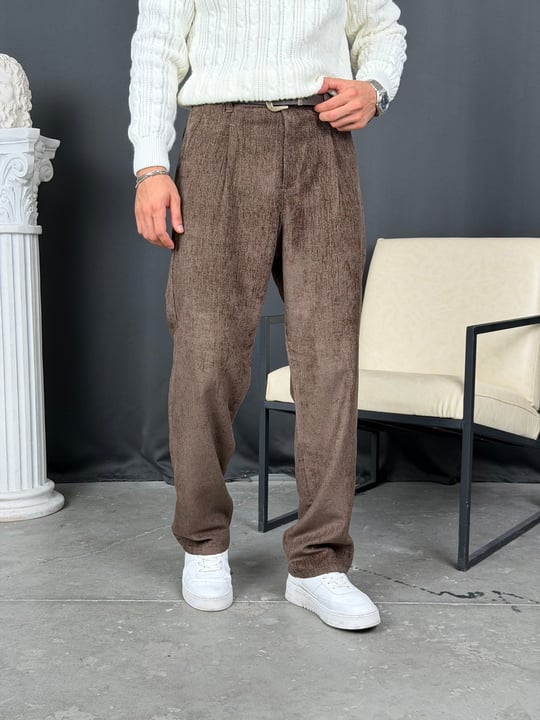 Kışlık Baggy Efektli Kadife Pantolon Acı Kahve