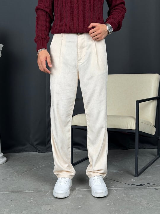 Kışlık Baggy Efektli Kadife Pantolon Bej