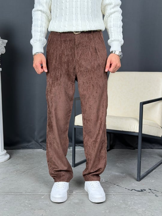 Kışlık Baggy Efektli Kadife Pantolon Kahve