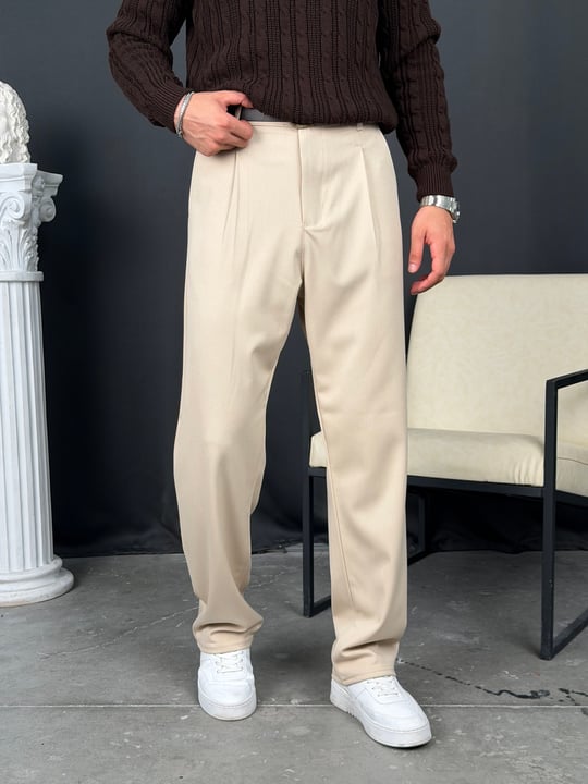 Kışlık Pileli Gabardin Baggy Pantolon Bej
