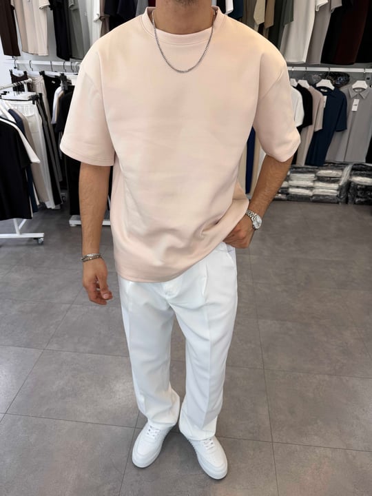 Oversize Duble Örme Tişört Bej