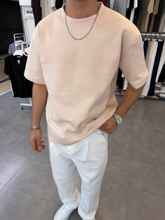 Oversize Duble Örme Tişört Bej