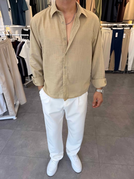 Oversize Flamlı Keten Gömlek Bej