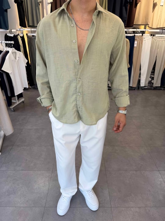Oversize Flamlı Keten Gömlek Haki