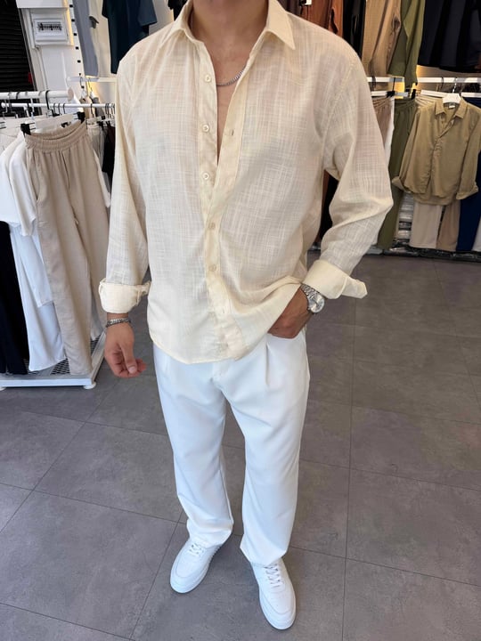 Oversize Flamlı Keten Gömlek Krem