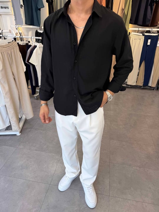 Oversize Flamlı Keten Gömlek Siyah