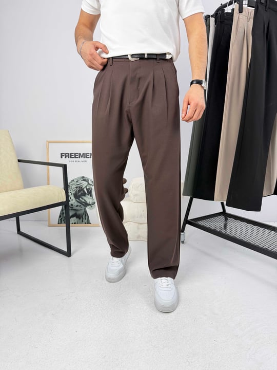 Pileli Premium Baggy Kumaş Pantolon Kahverengi