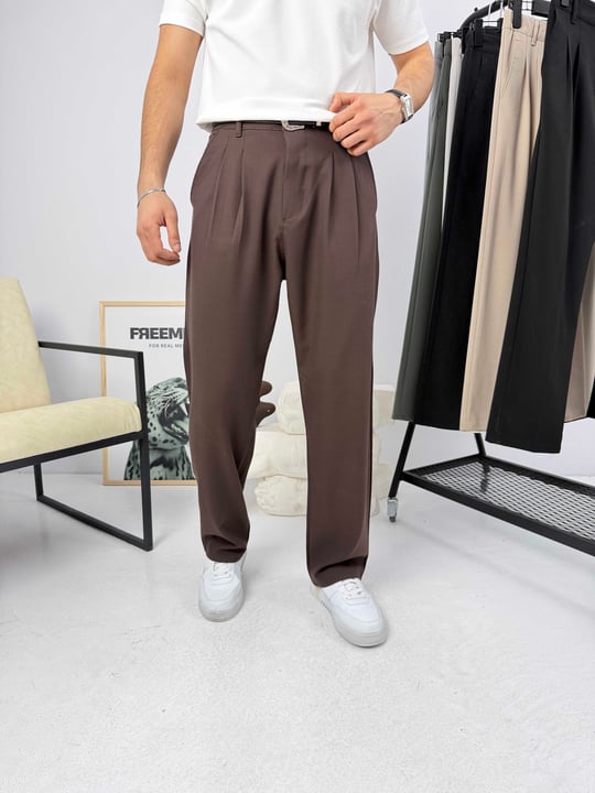 Pileli Premium Baggy Kumaş Pantolon Kahverengi
