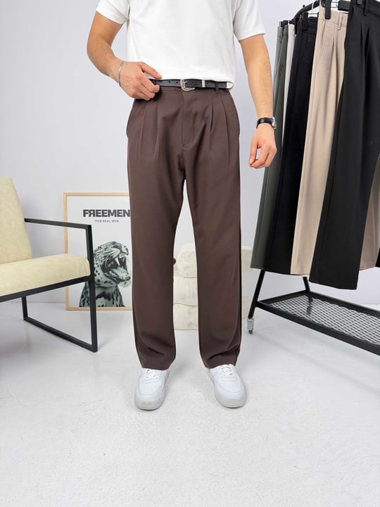 Pileli Premium Baggy Kumaş Pantolon Kahverengi